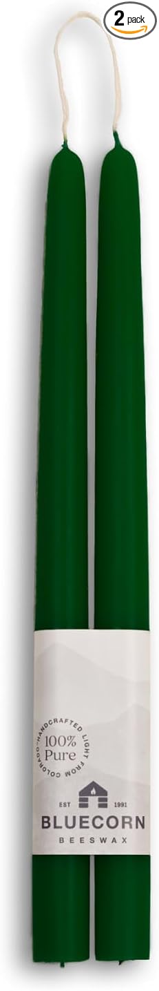 Bluecorn Beeswax Taper Candles, 100% Pure Natural Bees Wax, Pair of 12 Inch Moss Green Tapered Candlesticks, Clean Burning & Dripless, Fragrance Free, Long Lasting, Home Decor, American Made, 1 Count