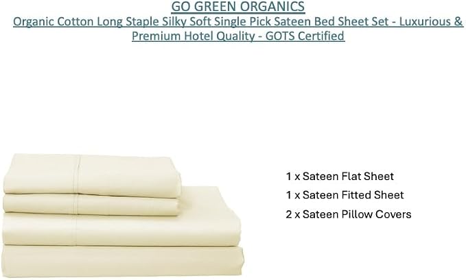 Organic Cotton Long Staple Silky Soft Single Pick Sateen Bed Sheet Set - Luxurious & Premium Hotel Quality - GOTS Certified - Solid Dyed (Natural, King (U.S. Standard))
