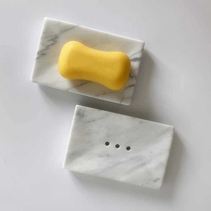 Natural Smooth Real Marble Soap Dish/Facial Sponge Holder/Bathroom Makeup Sponge Tray with Draining Hole (White Carrara)