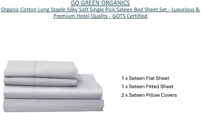 Organic Cotton Long Staple Silky Soft Single Pick Sateen Bed Sheet Set - Luxurious & Premium Hotel Quality - GOTS Certified - Solid Dyed (Grey Dawn, Queen (U.S. Standard))