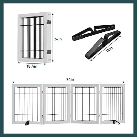 Semiocthome Freestanding Dog Gate Indoor, Dog Gates for Doorways and Stairs, 24" H- 4 Panels Puppy Gate with 2 Metals Stands Adjustable Safety Fence Wire Pet Gate - White
