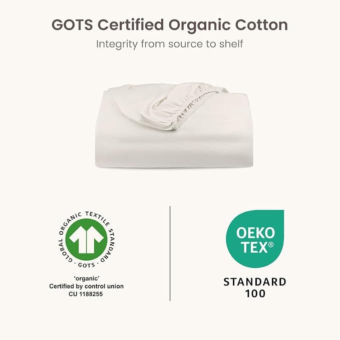 Bioweaves 100% Organic Cotton 1 Twin Fitted Sheet Only | 300 Thread Count Sateen Weave GOTS Certified with Deep Pocket - Cream