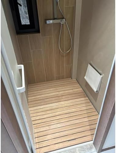 Teak Shower Mat Foldable Luxury Wooden Non-Slip Wood Bath Mat for Bathroom Bathtub Indoor Outdoor,Teak Wooden Bath Mat 20-44 Inches, Solid Anti-Slip Shower Floor Mat with Center Drain Hole,