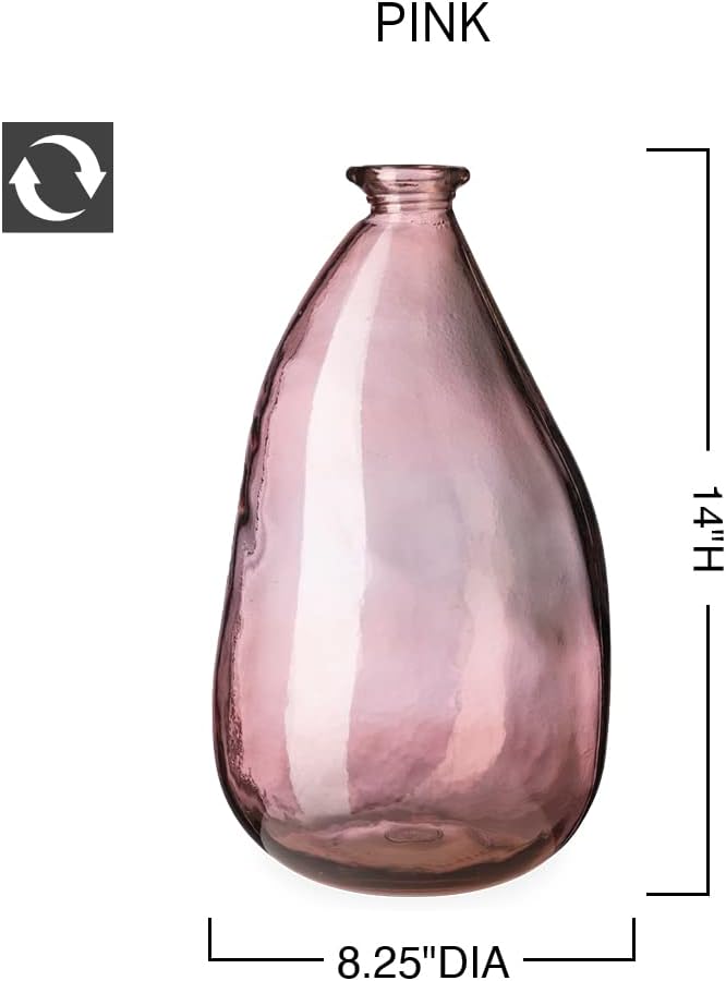 VivaTerra Recycled Oblong Glass Balloon Vase – Handblown Glass Vases for Centerpieces – Unique Organic Shape in a Delicate Pink Color – Sustainable and Unique Home Decor (14" H x 8.25" Dia.)