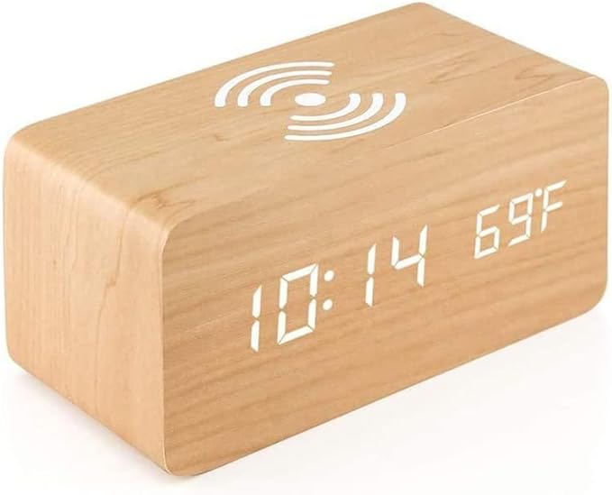 Digital Alarm Clock LED Wood Clocks,Temperature Display/Voice-Activated/Date/12/24 Hours,3 Alarms for Bedroom Office,Bamboo(Bamboo)