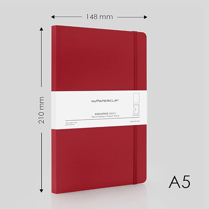 myPAPERCLIP Executive Series A5 Plain Notebook | 192 Pages, 80 GSM, Soft Cover, A5 (5.83 x 8.27 in) | Flat Lay | Bookmark, Elastic Closure & Back Pocket | Red