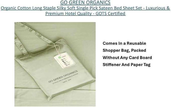 Organic Cotton Long Staple Silky Soft Single Pick Sateen Bed Sheet Set - Luxurious & Premium Hotel Quality - GOTS Certified - Solid Dyed (Tea Green, Queen (U.S. Standard))