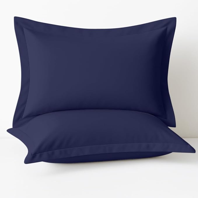 2 Pack Pillow Shams Standard Size 20x26 – 600 Thread Count 100% Organic Cotton Navy Blue Pillow Covers with 2 Inch Flange, Soft & Smooth Premium Hotel-Quality Pillowcases Set of 2