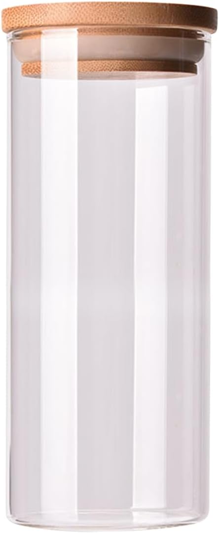Glass Food Storage Containers with Bamboo Lids Airtight Food Storage Jar Glass Jar Kitchen Canisters for Pasta, Rice, Flour, Sugar(380ml, 65x150mm)