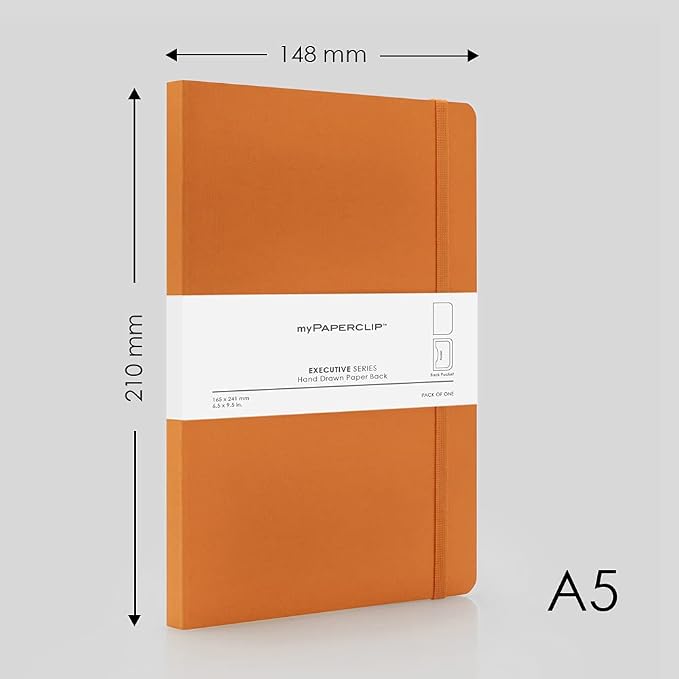 myPAPERCLIP Executive Series A5 Plain Notebook | 192 Pages, 80 GSM, Soft Cover, A5 (5.83 x 8.27 in) | Flat Lay | Bookmark, Elastic Closure & Back Pocket | Orange