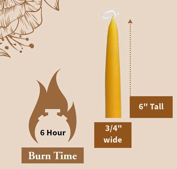 100% Pure Beeswax Taper Candles - All-Natural Handmade Decorative & Dipped Smokeless Unscented Candles for Christmas, Advent, and Hanukkah, Natural Yellow, 6 Inches, 12 Candle Set, by BeeTheLight