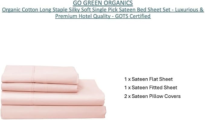 Organic Cotton Long Staple Silky Soft Single Pick Sateen Bed Sheet Set - Luxurious & Premium Hotel Quality - GOTS Certified - Solid Dyed (Light Pink, Queen (U.S. Standard))