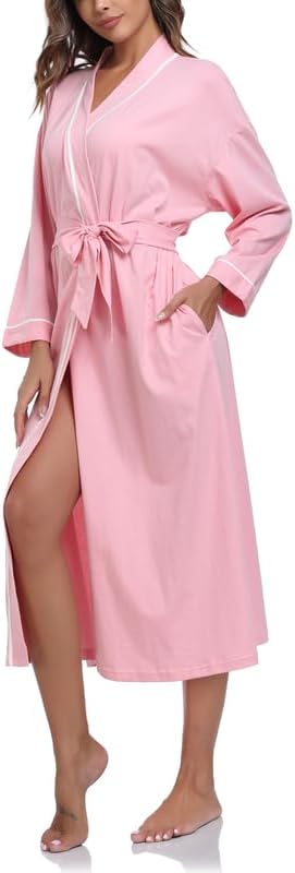 COLORFULLEAF 100% Cotton Women's Robes Summer Lightweight Kimono Soft Long Cotton Bathrobe for Women with Pockets