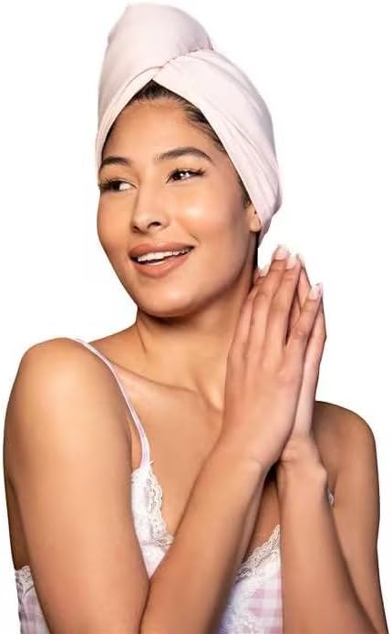 T-Shirt Hair Plopping Towel for All Textures - Cotton Blend Water Absorption Turban with Secure Button - Moisture Gentle Styling and Setting Wrap - Pink