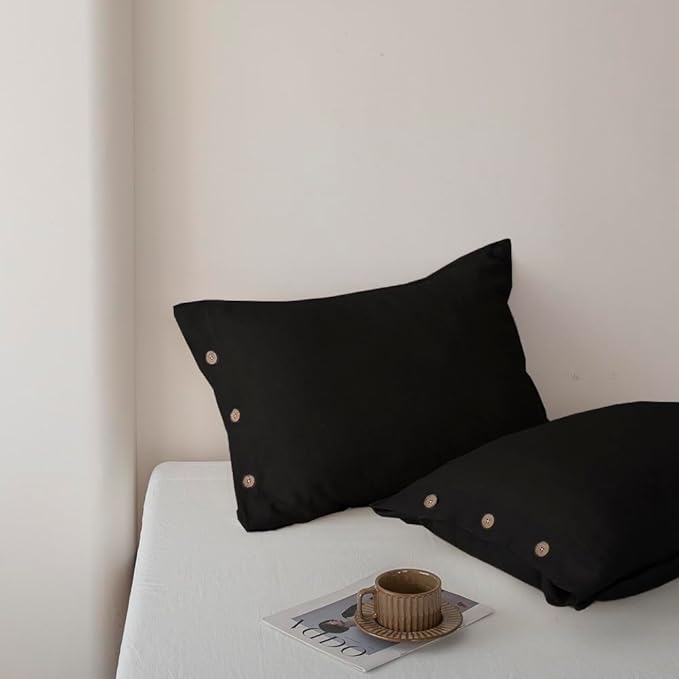 EVERLY 100% Linen Pillowcases Set of 2, French Linen from Normandy, 20X36Inch Standard Size, Natural Color, Coconut Buttons Closure, Flax Pillowshams-Pillowcase-Black