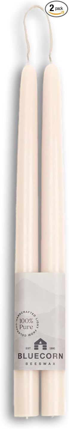 Bluecorn Beeswax Taper Candles, 100% Pure Natural Bees Wax, Pair of 12 Inch Ivory White Tapered Candlesticks, Clean Burning & Dripless, Fragrance Free, Long Lasting, Home Decor, American Made, 1 Count