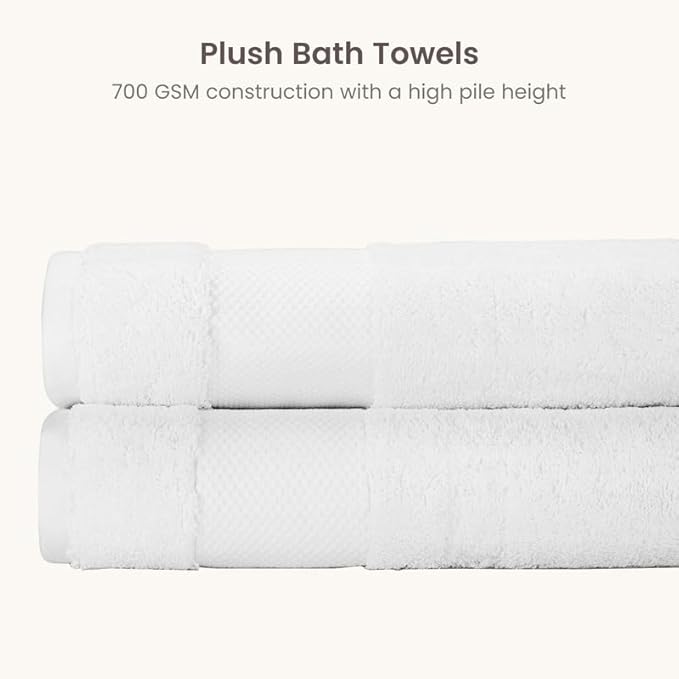 BIOWEAVES 100% Organic Cotton 700 GSM Plush Bath Towels 30" x 58" GOTS Certified - White, Pack of 2