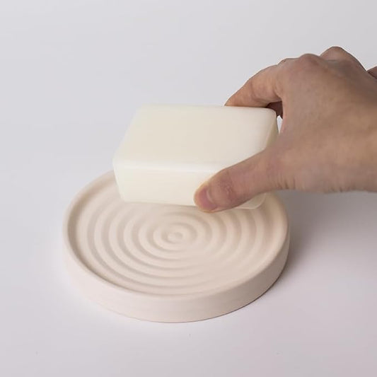Selegna Diatomite Round Soap Dish & Soap Holder, Quick-Dry Drying Stone Bar Soap Tray with Ripple Pattern, Water-Absorbing Diatomaceous Earth Vanity Tray for Bathroom & Kitchen Countertop