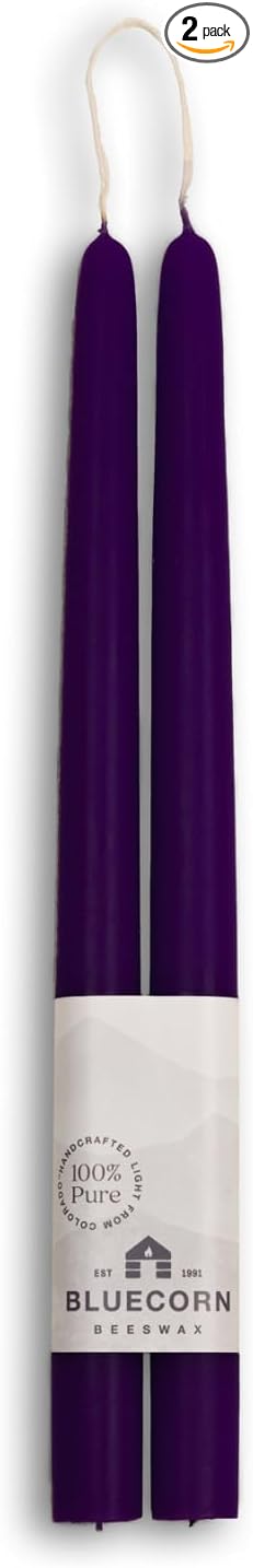 Bluecorn Beeswax Taper Candles, 100% Pure Natural Bees Wax, Pair of 12 Inch Purple Tapered Candlesticks, Clean Burning & Dripless, Fragrance Free, Long Lasting, Home Decor, American Made, 1 Count