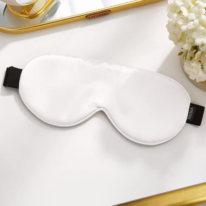 THXSILK Sleep Mask 100% 19 Momme Pure Mulberry Silk Super Smooth Cooling Sleep Eye Mask Blackout for Women/Man/Kids Eye Cover with Wide Head Strap Good Night Sleep Comfortable Travel and Nap, White