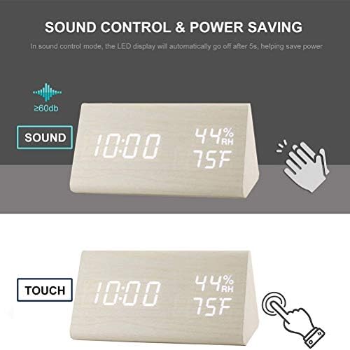 Digital Alarm Clock, Wooden Alarm Clock with Electronic LED Time Display, Humidity & Temperature Detect 3 Alarm Settings 3 Level Brightness Electric Clock for Bedroom Bedside Desk (White wood color)