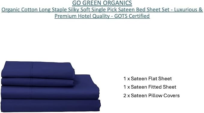 Organic Cotton Long Staple Silky Soft Single Pick Sateen Bed Sheet Set - Luxurious & Premium Hotel Quality - GOTS Certified - Solid Dyed (Twillight Blue, Queen (U.S. Standard))