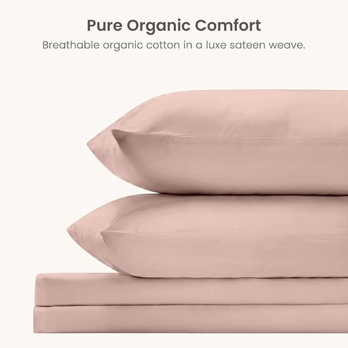BIOWEAVES 100% Organic Cotton Sheets, 300 Thread Count 4-Piece GOTS Certified Bed Sheet Set Fits Mattress Upto 17" Deep Pocket, Soft & Silky Sateen Weave (King, Dusty Rose)