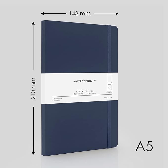myPAPERCLIP Executive Series A5 Plain Notebook | 192 Pages, 80 GSM, Soft Cover, A5 (5.83 x 8.27 in) | Flat Lay | Bookmark, Elastic Closure & Back Pocket | Blue