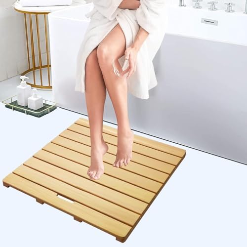 Wooden Shower Mat Non Slip Bathroom Floor for Bathtub Pool Use Commercial Grade Waterproof Bath,Natural Wooden Shower Mat, Non-Slip Bath Pedal with Handle, Customizable S