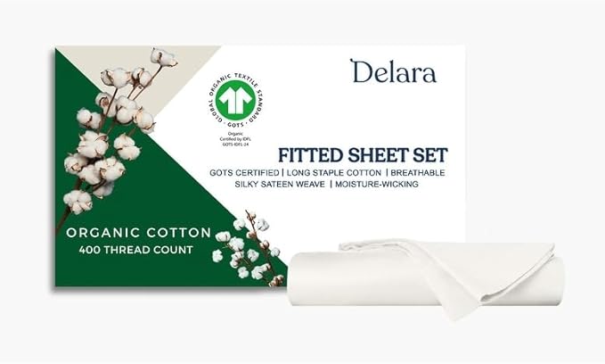 GOTS Certified 100% Organic Cotton Sheets, 400TC Long Staple Cotton, Ultra Soft Silky, Moisture-Wicking, Smooth & Breathable, with Elasticized Deep Pocket