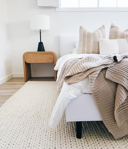 FRELISH DECOR Wool Cotton Area Rug for Living Room and Bedroom, 8'x10' Handwoven Braided Chunky Knit Cable Rugs, Farmhouse Contemporary Area Rug: Wool Ivory Premium