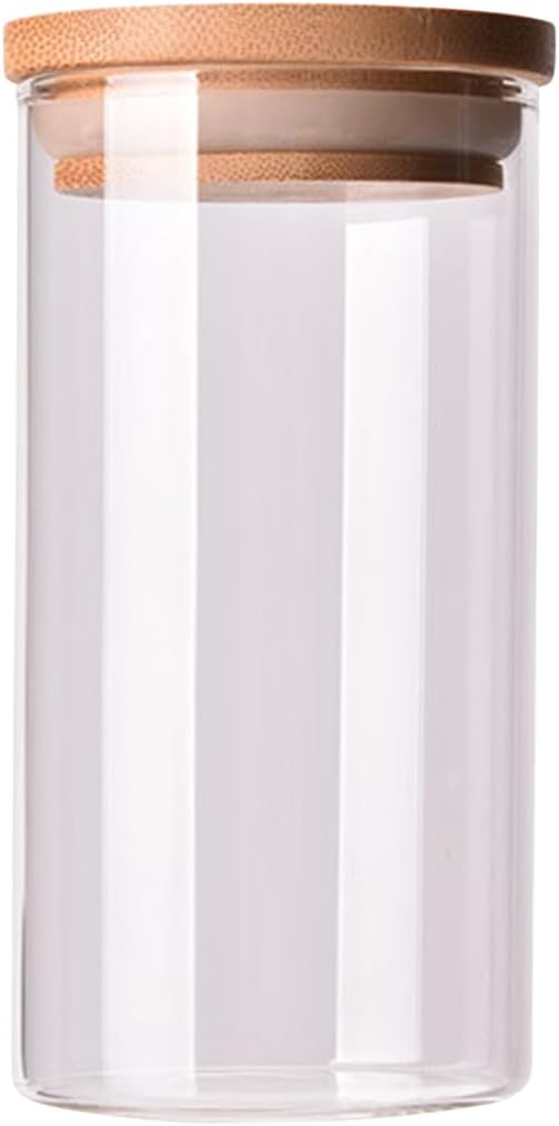 Glass Food Storage Containers with Bamboo Lids Airtight Food Storage Jar Glass Jar Kitchen Canisters for Pasta, Rice, Flour, Sugar(300ml, 65x120mm)