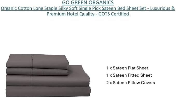 Organic Cotton Long Staple Silky Soft Single Pick Sateen Bed Sheet Set - Luxurious & Premium Hotel Quality - GOTS Certified - Solid Dyed (Dark Grey, Queen (U.S. Standard))