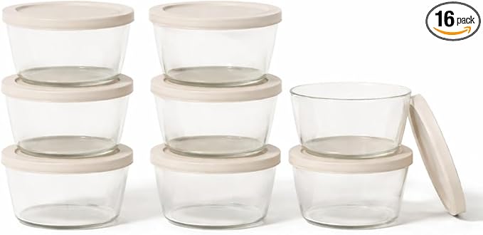 16-Piece Glass Food Storage Containers Set (8 Containers + 8 BPA-Free Lids) | 1-Cup, Leakproof | Microwave, Freezer, Oven & Dishwasher Safe | Ideal for Meal Prep & Pantry Organization, Beige