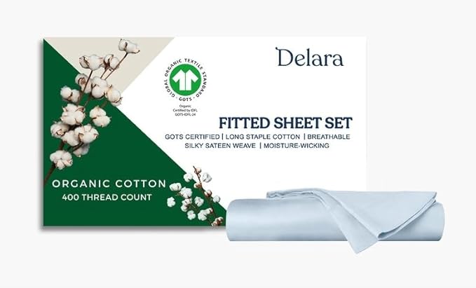 GOTS Certified 100% Organic Cotton Sheets, 400TC Long Staple Cotton, Ultra Soft Silky, Moisture-Wicking, Smooth & Breathable, with Elasticized Deep Pocket