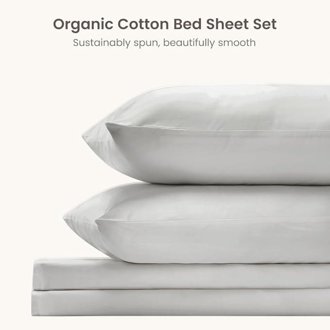 BIOWEAVES 100% Organic Cotton Sheets, 300 Thread Count 4-Piece GOTS Certified Bed Sheet Set Fits Mattress Upto 17" Deep Pocket, Soft & Silky Sateen Weave (Full, Silver)