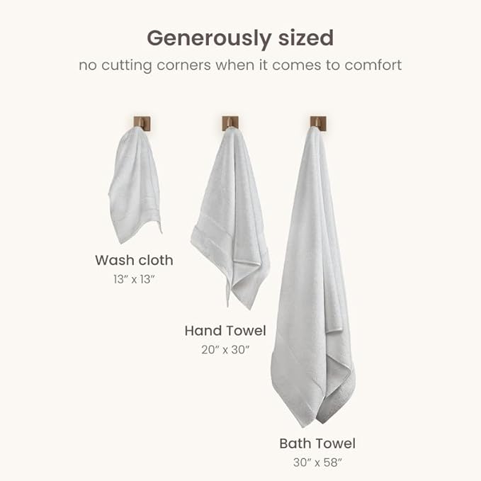 BIOWEAVES 100% Organic Cotton 6-Piece Luxury Bathroom Towels Set GOTS Certified 700 GSM, 2 Bath Towels, 2 Hand Towels & 2 Wash Cloths - Silver