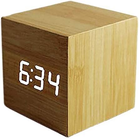 ThreeH Digital Alarm Clock with Intelligent Induction,Wood LED Light Mini Cube Desk Alarm Clock Displays Time Date Temperature for Kids,Bedrooms,Home,Dormitory,Travel AC10 Yellow_White