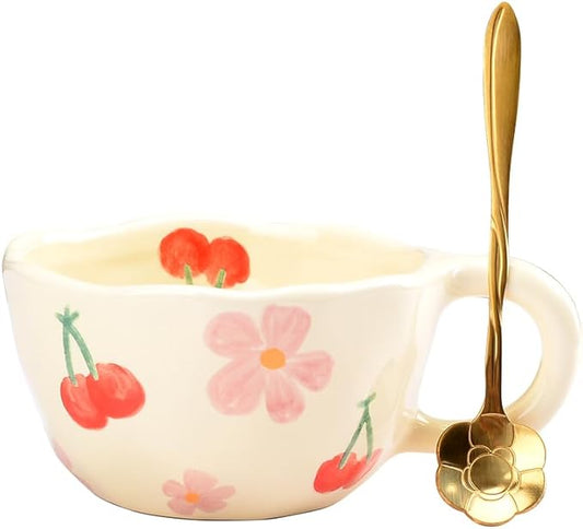 Cute Coffee Mug Gift for Women Ceramic Tea cup Kawaii mugs Handmade Creative Flower Pink mug with Spoon Aesthetic mugs for Cappuccino Milk Cocoa, 8.5 oz Cheery Mug for Mom Mother day (Pink)