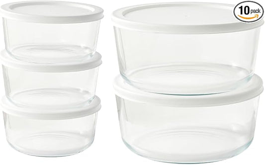 10-Piece Glass Food Storage Containers Set (5 Containers + 5 BPA-Free Lids) | 4-Cup & 6.5-Cup, Leakproof | Microwave, Freezer, Oven & Dishwasher Safe | Ideal for Meal Prep & Pantry Organization, White