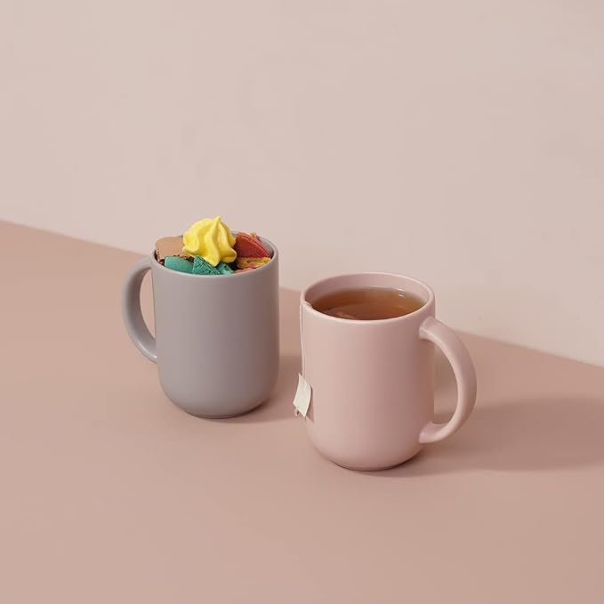 12 oz Ceramic Coffee Mug, Matte Pink White Gray Coffee Mug for Office and Home, Handmade in Korea! Set of 2 (Gray&Pink)