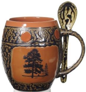 ALWAYS AZUL POTTERY Coffee Mug and Spoon - Tree #2 Design on Ash & Coral Mug - Handmade Ceramic Coffee Mug - Stylish and Unique Handcrafted Artistic Drinkware - Polished Clay Cups, For Coffee & Tea
