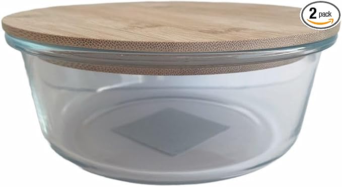 JS Gourmet 2 Pcs Round Glass Food Storage Containers 32.1oz (950 ml), Airtight, Leakproof Bamboo Lid, Meal Prep Container Set - Microwave and Refrigerator Safe