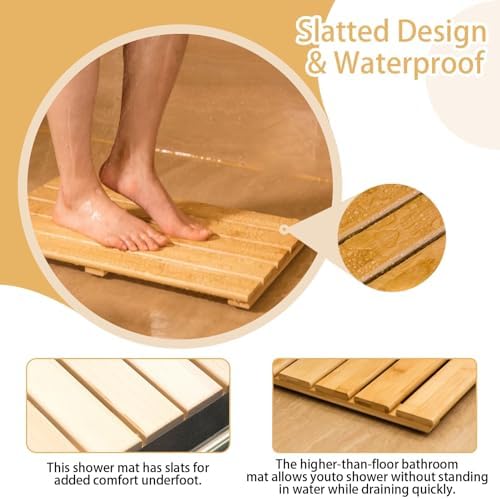 Wooden Shower Mat Non Slip Bathroom Floor for Bathtub Pool Use Commercial Grade Waterproof Bath,Natural Wooden Shower Mat - Non-Slip Bath Pedal with Handle, Stable Drain