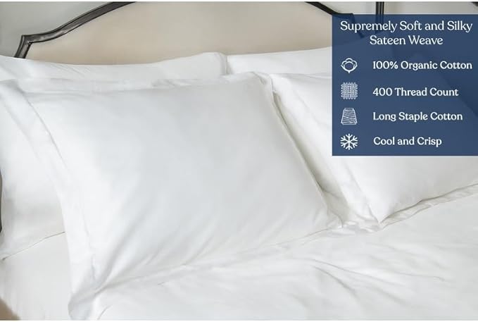 GOTS Certified 100% Organic Cotton Sheets, 400TC Long Staple Cotton, Ultra Soft Silky, Moisture-Wicking, Smooth & Breathable, with Elasticized Deep Pocket