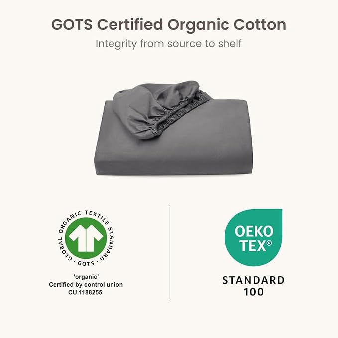 Bioweaves 100% Organic Cotton 1 Full Size Fitted Sheet Only | 300 Thread Count Sateen Weave GOTS Certified with Deep Pocket - Stone