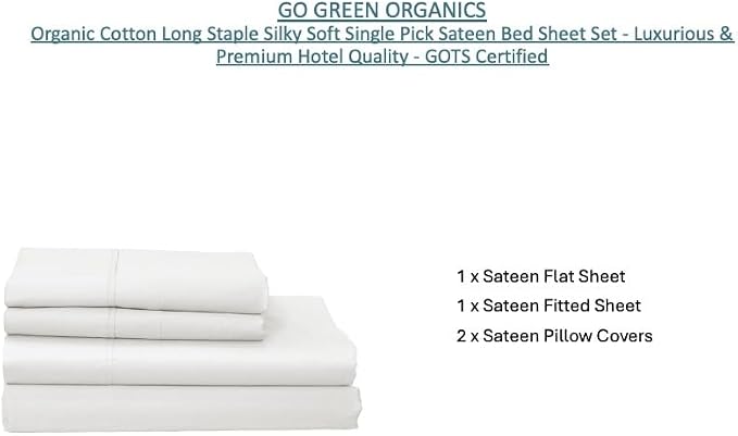 Organic Cotton Long Staple Silky Soft Single Pick Sateen Bed Sheet Set - Luxurious & Premium Hotel Quality - GOTS Certified - Solid Dyed (White, King (U.S. Standard))