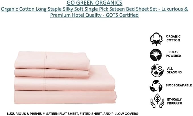 Organic Cotton Long Staple Silky Soft Single Pick Sateen Bed Sheet Set - Luxurious & Premium Hotel Quality - GOTS Certified - Solid Dyed (Light Pink, Queen (U.S. Standard))