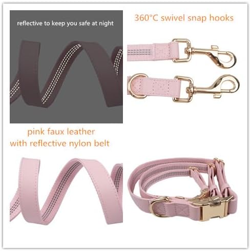 Leather Dog Collar and Leash Set 7FT Reflective at Night - Soft and Easy to Clean Vegan Leather with Gold Metal Buckle for Small Medium Large Dogs (L, Pink)