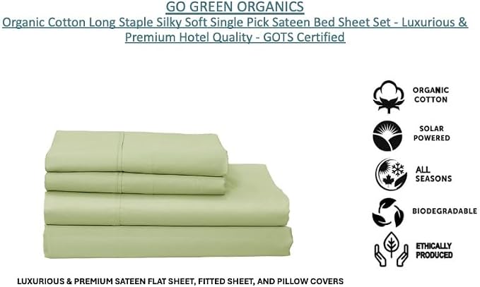 Organic Cotton Long Staple Silky Soft Single Pick Sateen Bed Sheet Set - Luxurious & Premium Hotel Quality - GOTS Certified - Solid Dyed (Tea Green, Queen (U.S. Standard))
